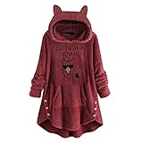 LOOKAa Damen Herbst Winter Langarm Casual Mantel Tops Elegantes Langarmhemd Damen Knopfhaube Katzenohren Plüsch Unregelmäßige Soild Pocket C