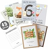 45 Baby Meilensteinkarten Pikaflor für Junge und Mädchen (handgemalte Tiere, Deutsch) Meilenstein Karten Set mit Geschenkbox + Schöne Geschenkidee zur Geburt, Taufe & Babyparty