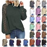TUDUZ Langarmshirt Damen Rundhals Oberteile Spitze Langarm Tops Casual Lose Einfarbig Pullover Tuniken Shirt Elegant Blusen (Schwarz,S)
