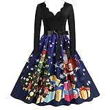 Damen Langarm V-Ausschnitt Partykleider Vintage 1950er Jahre Hausfrau Abend Party Abendkleid Weihnachten Halloween Kostüm Cosplay Print Swing Kleid A-L