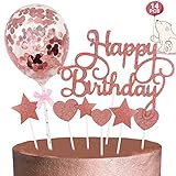 Tortendeko Rosegold, Happy Birthday Cake Topper Sterne Herze Cupcake Topper Konfetti Ballon Kuchen Topper, Glitzer Kuchendeko Tortenstecker für Mädchen Frauen Junge Kinder Geburtstag Torten Dek