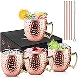 VPOW 4 Stück Moscow Mule Becher[500ml], Kupfertassen Moscow Mule Kupferbecher 4er Set, Cocktail Tasse mit 4 Strohhalmen und 1 Pinsel, perfekt für Bier, Kaltgetränk