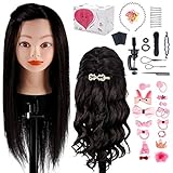 TwoWin 18' 45cm Trainingsköpfe 100% Echthaar Schwarz Kosmetologie Puppe Friseur Training Modell Mannequin Kopf mit Halterung, DIY Haar Zubehör Styling, Geeignet zum Glätten Locken Dauerw
