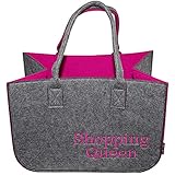 Filztasche Einkaufstasche · Henkeltasche aus Filz · Shopping Bag · Einkaufskorb mit Henkel · Shopper (Grau/Pink Shopping Queen 1)