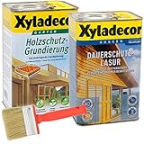 Xyladecor Dauerschutzlasur und Grundierung, UV Holz-Lasur für außen im Set, mit Pinsel (1x 2,5L + 1x 2,5L, kiefer)