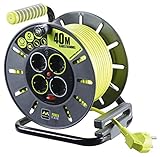 Masterplug Pro-XT Kabeltrommel Verlängerungskabel mit 4 Steckdosen, Wickelkurbel, Thermoschutz und Netzschalter, 40 Meter gut sichtbares Kab