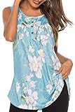 Bequemer Laden Damen T-Shirt Sommer Top Knopfleiste Bluse Einfarbig Kurzarm T-Shirt Casual Bluse Tunika Tops Blume Hellblau,S