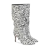 Fashion Folds Mid Stiefel Für Damen, Klassische, Spitze Leoparden-Stiefeletten Sexy Stiletto High Heel Pumps Ankle Boots Für Damen Partykleid Laufsteg Büro,Weiß,45