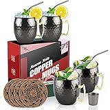 Eligara Moscow Mule Becher 4er Set (Bronze Schwarz) 100% Handgefertigte Lebensmittelechte Kupferbecher, 16 oz Geschenkset mit 1 Schnapsglas 4 Strohhalmen und 4 U