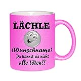 Crealuxe Glitzertasse (Pink) Lächle (Wunschname) du Kannst sie Nicht alle töten - Kaffeetasse, Bedruckte Tasse mit Sprüchen oder Bildern, Bürotasse,