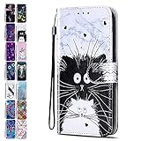 KM-Panda Lederhülle Kompatibel für Samsung Galaxy A10 Leder Hülle Tasche mit Muster Marmor schwarz weiße Katze Schutzhülle Handytasche Handyhülle Flip Case Klapphülle für Damen Mädchen F