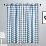 LinTimes Kariert Vorhang Küchen Vintage Hellblau Weiß Bistrogardine Retro Plaid Scheibengardinen Polyester Baumwolle Cáfe Vorhang 2er Set, B68 x H115