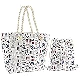 Große Strandtasche mit Reißverschluss 50 x 39 x 15 cm und Sport Turnbeutel Rucksack mit Kordelzug mit maritimes Design beige blau Shopper Schultertasche Yacht Sty