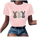 Masrin Frauen T-Shirt Mode Osterhasen Print Tops 3D Leopard Streifen Grafiken Pullover Kurzarm Kurzarm Rundhalsband Lose Tunika Bluse(L,Rosa)