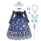 Anna und Elsa Kleid Kinder Mädchen Frozen Eiskönigin 2 Verkleidung Prinzessin Kostüm Halloween Weihnachten Karneval Geburtstag Party Cosplay Schneeflocke Samt Kleid Dunkelblau 01-7PCS 6-7 J