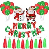Weihnachten Deko Luftballons, Rot Grün Frohe Weihnachten Folienballon Banner mit Weihnachten Schneemann Santa Claus Aluminium Folienballons Quaste für Kinder Geschenke Xmas Weihnachten Party Dek