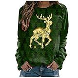 Damen Weihnachten T Shirt Niedlich Schneemann Elch Katze Druck Bluse Lose Langarm Rundhals Shirts Pullover Sweatshirts, Green5, 46