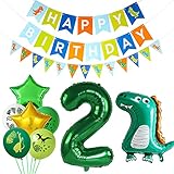 Dino Deko Kindergeburtstag Luftballon Set, GRESAHOM 2. Dinosaurier Ballons Party Dekoration, Grün Gelb Folienballons, Latexballons, Alles Gute zum Geburtstagsbanner und Dino Dreiecksflaggenb