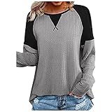 LLLPPP Damen Waffelstrick-Tunika einfarbig Spleißen T-Shirt Tops Rundhals Langarm Slim Bluse T Shirts für Teenager Mädchen, grau, X-Larg