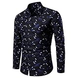 Smart Casual Dress Formal Shirt Herren Muster Stehkragen Knopf Langarm Anzug Atmungsaktiv Leicht T-Shirt Bequem Top Weich Bequem Slim Anzug Hochzeit Party Bankett Abend, blau, L