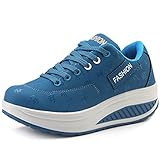 Solshine Damen Fashion Plateau Schnürer Sneakers Dämpfung Keilabsatz Fitnessschuhe 016 Blau 41EU