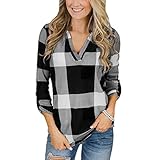 Lazzboy Womens Roll Up Langarm V-Ausschnitt Knopf Plaid Gitter Shirt Print Bluse Damen Kariert 3/4 Kurzarm Tunika Longshirt Hemd Tops T-Shirt(Schwarz,M)
