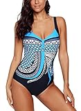 Aleumdr Badeanzug Damen Push up Bademode Bauchweg Figurformend Bandeau große Größen Rückfrei S-XXL, Blau, X-Large (EU44-EU46)