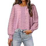 Frauen Elegante Bluse mit Spitze Rundhals Laternen Ärmellos Blusenshirt Einfarbig Shirt Casual Loose Tunika Oberteil Top für Damen (Pink, XX-Large)
