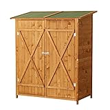 Outsunny Gartenschrank Geräteschuppen mit 2 Tür Geräteschrank mit Asphaltdach Gartenlagerschrank Antidumping Design mit Bodennägel Tannenholz Natur 139 x 75 x 160