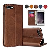 Brieftasche für iPhone 7/8 Plus, Folio Flip Cases Cover aus echtem Leder mit Ständer Kartensteckplätze Halter Dark Saddle Brow