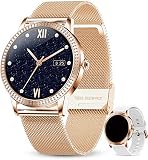 Smartwatch Damen Fitness Armband Uhr | GRATIS Metallband | Sport Bluetooth Kalorien Tracker Pulsuhr Schrittzähler Blutdruckmessung | Voll Touch Screen IP67 Wasserdicht IOS