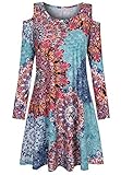 generisch JIER Damen Langarm Strand Blumenkleid Vintage Boho Maxi Abend Party Strand Sommerkleid Schulterfrei Blumen Große Größe Kleider Strandkleider Cocktailkleider (Blau,Small)