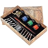 Alvinlite Kalligraphie-Stift-Set, Kalligraphie-Set für Anfänger Handgefertigter Glas-Dip-Stift Holz-Kalligraphie-Stift mit Tintenspitzenhalter, Dip-Stift-Set(Feuerfarbe)