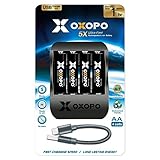 X OXOPO Li-ion Akku Set 4-Stück AA Zellen 1550 mAh 1,5V inkl. USB-C Ladegerät + Kabel, Ultra schnelles Aufladen 30 Min 80%, kein Memory Effekt, LED-Ladestatus Anzeige in jeder Akk