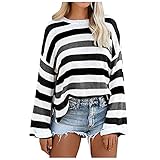 ONETIME Langarm Strickpullover Damen Herbst Casual Lose Langarm Strickpullover Streifendruck Oversized Sweatshirt Pullover Mit Rundhalsausschnitt Leichte LäSsiger Vintage Jumper Tops Oberteile W