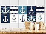 GRAZDesign Fliesenaufkleber 15x15 cm Maritim Blau -Weiß Fliesenbilder für Bad Motiv, Fliesen zum Aufkleben Bad | Selbstklebende Fliesenfolie | Verschiedene Motive (15x15cm // Set 10 Stück)