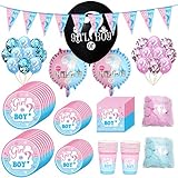 Amycute 90-teiliges Baby Shower Deko Set,Riesen Luft-Ballons Boy or Girl,Konfetti und Luftballons,Mädchen oder Junge Banner ,Teller, Becher, Servietten, für 16