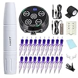 HYYK Professionelles Rotary Tattoo Maschine Pen Kit Mast Magi PMU RCA Tattoo Pen Makeup Kit mit 2 Stoke Länge und LED Display Netzteil Pro Cartridge Nadeln Set prak