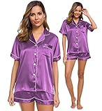 SWOMOG Damen-Pyjama-Set, Seidensatin, zweiteilig, Pyjama-Set, Nachtwäsche, Loungewear, Button-Down-Pyjama-Set, Orchidee, X-Larg