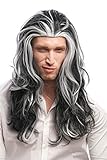 WIG ME UP - 29938B-ZA103-ZA60 Perücke Herren Damen Karneval Halloween Lange Mähne Schwarz-Weiß-Mix Grau Gesträhnt Dunkler Vampir Fürst Dracula 55