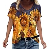 YURUNFEN Sommer-Shirts für Damen, bunt, kunstvoll bedruckt, Bluse, V-Ausschnitt, kurze Ärmel, Tank-Tops für den Sommer, Orange, Larg