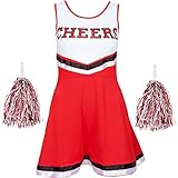 Redstar Fancy Dress - Damen Cheerleader-Kostüm - Uniform mit Pompons - Halloween, American High School - 6 Größen 34-44 - Rot - M