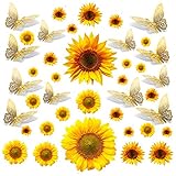 28 PCS Sonnenblumen Wandtattoos mit 12 PCS Gold 3D Schmetterling Metallic Wandaufkleber, gelbe Sonnenblumen Wanddekoration Blumenabziehbilder, DIY Wandkunst Dekorationen fü