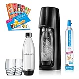 SodaStream Easy PROMOPACK Wassersprudler zum Sprudeln von Leitungswasser, ohne schleppen! mit 1 Zylinder, 2* 1L PET Flasche (BPA FREI!), 2 Design Trinkgläsern sowie 6 Sirupproben; Farbe: schw