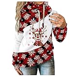 Damen Hoodies Farbblock Sweatshirt Casual Kapuzenpullover Langarm Shirts Oberteil Hoodie Frauen Weihnachten Elch Volksbrauch Druck Bluse Tunika Weihnachtspulli Rentier Xmas Oversize Weihnachtsp