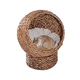 Pawhut Rattan Katzenkorb Katzenhöhle Katzenhütte Katzenbett mit Kissen Haustierbett Wasserhyazinthe Hellbraun 50 x 42 x 60