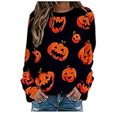 Lazzboy Sweatshirt Damen Kürbis-Druck Pullover Halloween Prints O-Ausschnitt Langarm T-Shirts Blusen Tops Drucken Langarmshirt Rundhals Shirts Herbst Winter Pulli Oberteile (Schwarz,S)