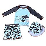 Kinder Junge Badeanzug Bademode Zweiteiliger Langarm UV-Schutz Bade-Set T-Shirt Badeshorts mit Badekappe (98/104)