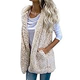 Kanpola Damen Weste Lang Teddy Jacke Große Größe Ärmellos Plüschjacke mit Kapuze Herbst Winter Warm Cardigan Frauen Winterjacke Lose Teddyweste M