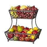 ZAW Obstschale, Obstschale, Eisen, Obstkorb, Wohnzimmer, Küche, Bananenhaken, 2 Etagen, Metall, quadratisch, Obst-Aufbewahrungskorb (Farbe: schwarz)